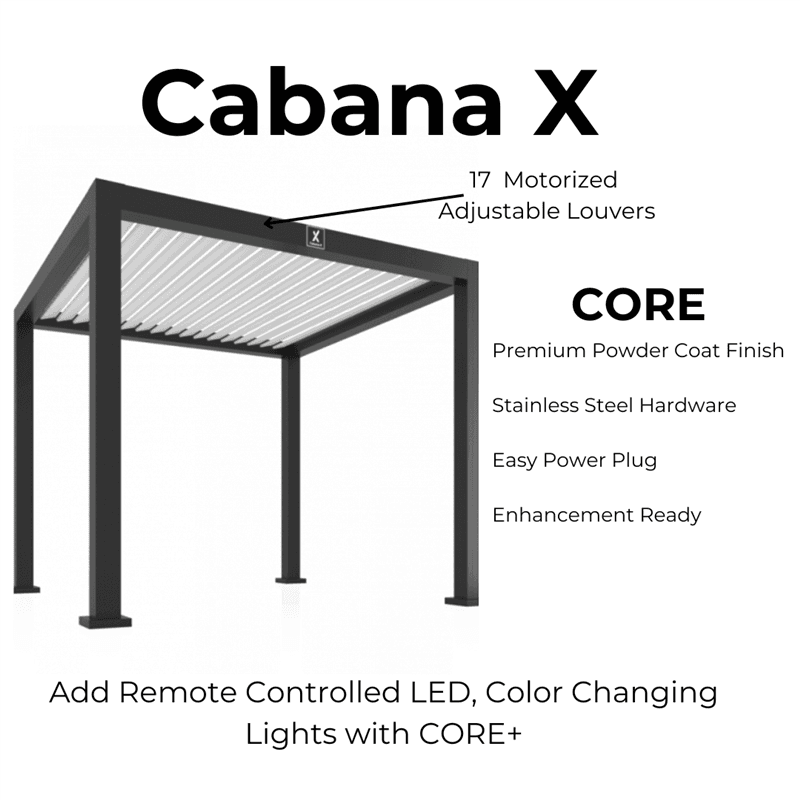A product image and description for the Struxure pergola model Cabana X.