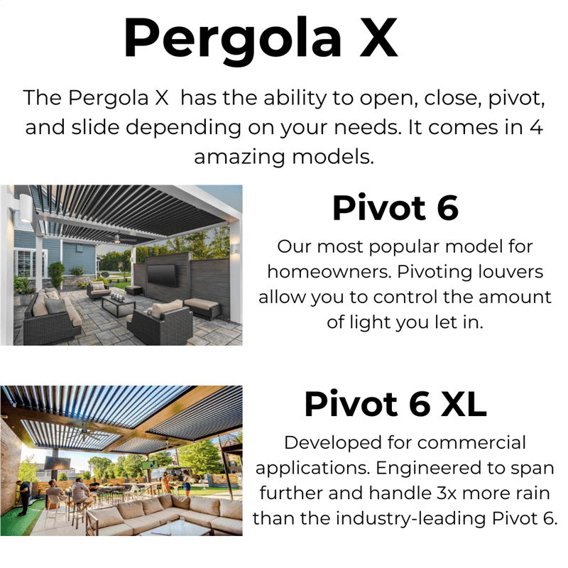 Descriptions of the Struxure Pergola X models Pivot 6 and Pivot 6 XL.