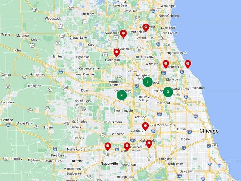 A map of the Greater Chicago area with pins marking the service area locations for Erdmann Outdoor Living.